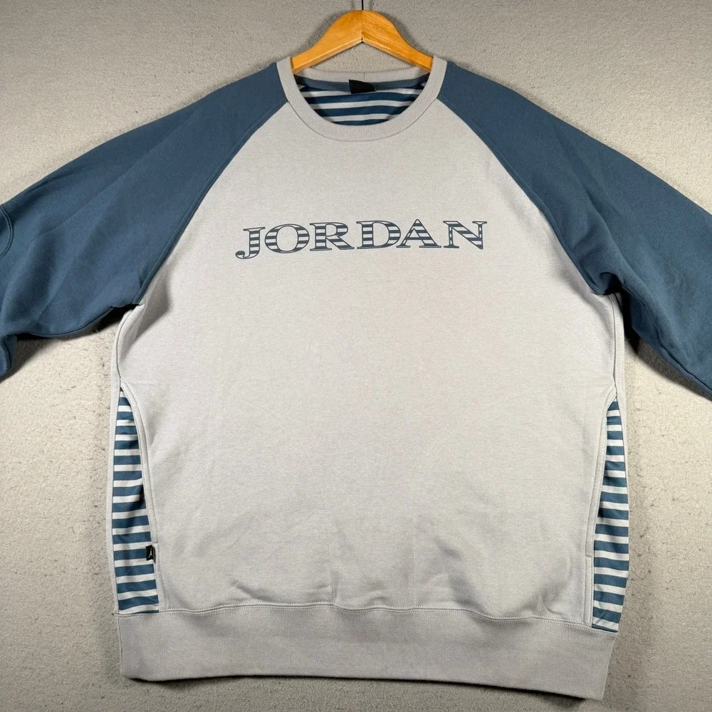 Jordan Mens XXL Grey‎ Blue Striped Raglan Crewneck Sweatshirt SP140710NIG